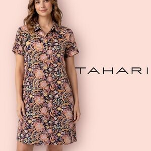 Tahari 100% Linen Floral Shirt Dress Pink Purple Button Front Pockets Women L